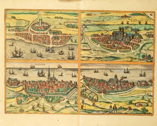 Helsingborg, Lund, Malmö, Elbogen et Landskrona, de Civitates Orbis Terrarum, Cologne