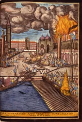 Le Grand Incendie du Palais des Doges sur la place Saint-Marc à Venise en 1577. Gravure de George Braun dans "Civitatis Orbis Terrarum" Volume I écrit par Franz Hogenberg (1535-1590)