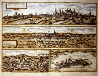 Vue des villes allemandes de Nuremberg et Ulm, Salzbourg, Autriche. Gravure de l