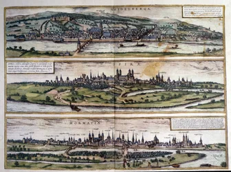 Vues de trois villes en Allemagne : Heidelberg, Spire, Worms. Atlas de Braun et Hogenberg. 1550.