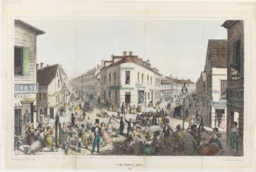 The Five Points, Junction of Baxter, Worth and Park Streets, New York (gravure coloriée à la main)