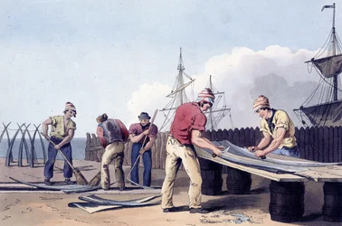 Pêcheurs grattant et nettoyant les restes de baleines de "Le costume du Yorkshire", gravé par Robert Havell (1769-1832) 1814