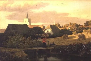 Paysage avec des meules de foin