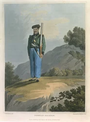 Soldat Gorkah, du Journal of a Route Across India and Through Egypt, gravé par R. Havell et Son, publié par John Murray, 1819
