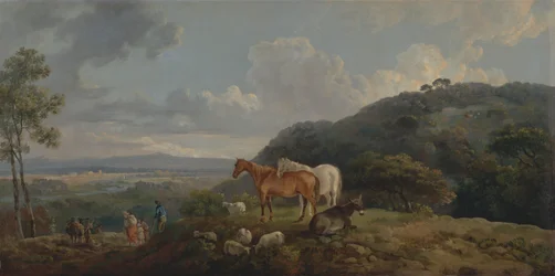 Matin : Paysage avec juments et moutons