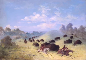 Indiens comanches poursuivant des bisons avec des lances et des arcs, 1846-1848