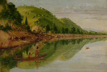 Vue sur la rivière Saint-Pierre, Indiens Sioux poursuivant un cerf dans leurs canoës, 1836-1837