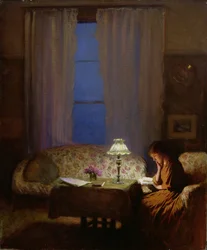 Lecture à la lumière de la lampe (Crépuscule : Intérieur)