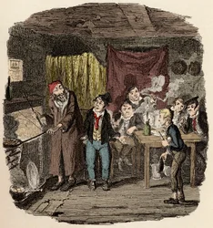 À Londres, Jack Dawkins appelé le Renard présente Oliver à Fagin et son équipe de malfrats - Oliver présenté au respectable vieux monsieur - Illustration pour « Oliver Twist » (Les Aventures d