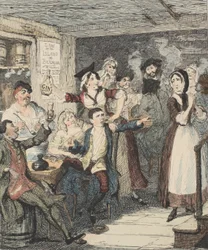 Jack Sheppard se saoule et chasse sa mère, illustration de Jack Sheppard : Une romance par William Harrison Ainsworth, publié 1839 (eau-forte en couleur)