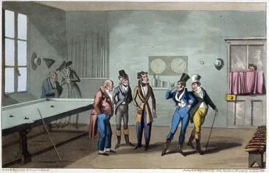 Les hommes à la salle de billard - dans "Life in Paris" par David Carey, ill. par G. Cruikshank, Londres