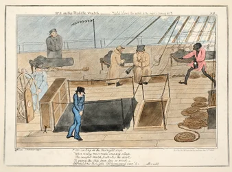 M. B en veille de nuit - le vent souffle froid et la pluie arrive, de The Progress of a Midshipman, pub. 1835
