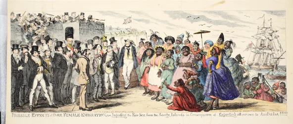 Probable Effects of Over Female Emigration or Importing the Fair Sex from Savage Islands in Consequence of Importing all our own to Australia !, pub. c.1844 (gravure coloriée à la main)