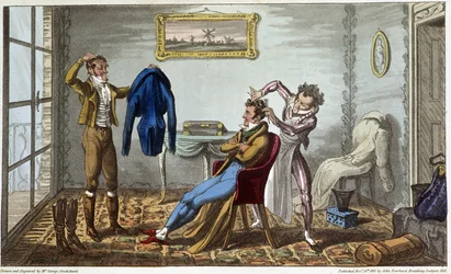 Tailleur et coiffeur à domicile - dans "Life in Paris" par David Carey, ill. par George Cruikshank, éd. Fairburn, Londres
