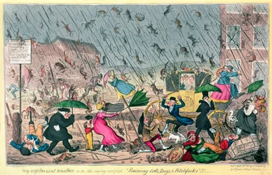 Temps très désagréable, ou le vieux dicton vérifié: Il pleut des chats, des chiens et des fourches!, pub. par G. Humphrey, 1820