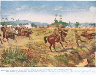 Le soldat C. Hull sauvant la vie du capitaine G.E.D. Learoyd, sous le feu, illustration de 