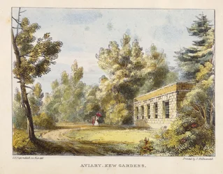 Volière, Jardins de Kew, planche 10 de Kew Gardens: A Series of Twenty-Four Drawings on Stone, gravé par Charles Hullmandel, publié en 1820 (lithographie coloriée à la main)