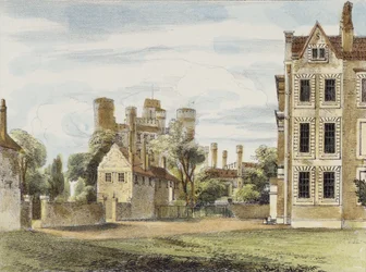 Nouveau Palais, depuis le jardin de la Reine, planche 4 de Kew Gardens: A Series of Twenty-Four Drawings on Stone, gravé par Charles Hullmandel, publié en 1820 (lithographie coloriée à la main)