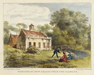 Vestiges du Palais de Kew depuis les jardins, planche 6 de Jardins de Kew : Une série de vingt-quatre dessins sur pierre, gravés par Charles Hullmandel (1789-1850) publiés en 1820