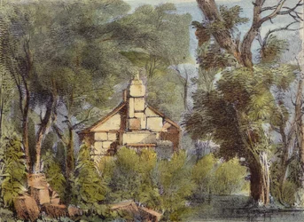 Maison en pierre, Jardins de Richmond, planche 23 de Kew Gardens: A Series of Twenty-Four Drawings on Stone, gravé par Charles Hullmandel, publié en 1820 (lithographie coloriée à la main)