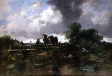 Paysage fluvial boisé avec chevaux travaillant une écluse