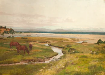 Scène de rivage avec chevaux