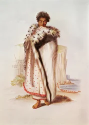 Rangitakina, un chef de la baie de Plenty sur la côte est, illustration de Nouvelle-Zélande illustrée, gravée par W. Hawkins, vers 1845