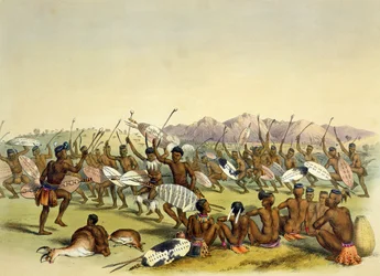 Danse de chasse zouloue près des monts Engooi, planche 14 de « The Kafirs Illustrated », 1849