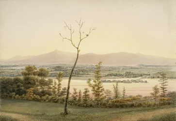Crépuscule précoce, débarcadère de Kaatskill Catskill et montagnes vus de la rive est de l’Hudson, New York, 1840