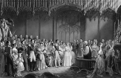 Mariage de la reine Victoria (1819-1901) et du prince Albert (1819-61) au palais de St. James le 10 février 1840, gravé par Charles Eden Wagstaff, 1840