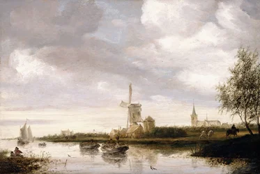 Paysage fluvial avec barges et voiliers et une église au-delà