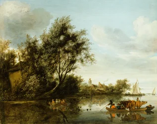 Paysage fluvial avec une grange parmi les arbres et un bac avec des passagers et du bétail