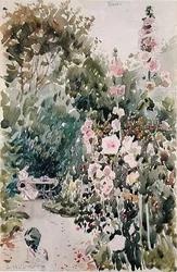 Thé dans le jardin de roses trémières, Dives, vers 1890