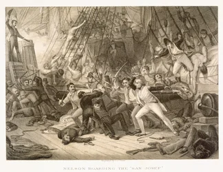 Horatio Nelson abordant le San Josef à la bataille du cap Saint-Vincent, 14 février 1797, gravé par John Crew d