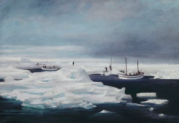 Les James Caird, Dudley Docker et Stancomb Wills amarrés à la banquise dans la mer de Weddell, avril 1916