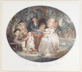 Un Jardin de Thé, gravure en couleur au pointillé d