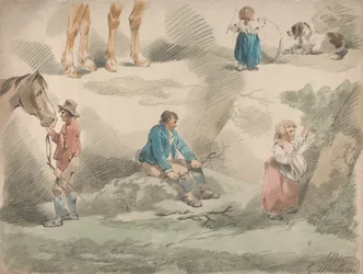 Ensemble de cinq : études de filles, une jouant avec un cerceau, une cueillant des baies, homme et cheval, etc.