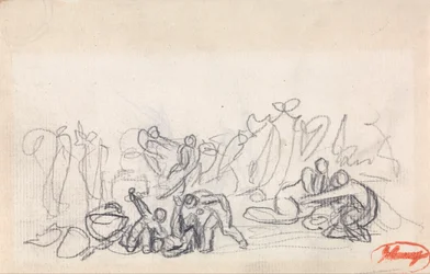Groupe de personnages, probablement des femmes et des enfants en train de jouer