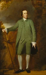 Portrait de George Morewood, debout en pleine longueur, en manteau, gilet et culotte verts, tenant un chapeau dans sa main gauche, une canne dans sa main droite