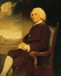 Portrait de Michael Russell, assis, avec le château de Douvres en arrière-plan