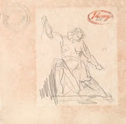 Figure assise, le bras levé