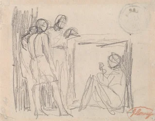 Trois personnages debout devant un personnage assis