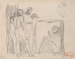 Trois personnages debout devant un personnage assis