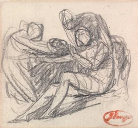Deux personnages venant en aide à un personnage assis