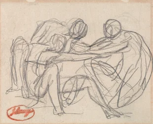 Deux personnages à genoux aux prises avec un personnage assis