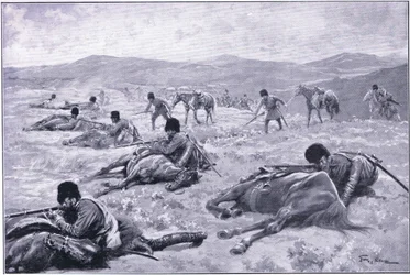 Un cosaque et son cheval : un dispositif pour se couvrir pendant une escarmouche, illustration de Cassells History of the Russo-Japanese War Vol 1, vers 1900
