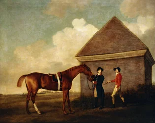 « Eclipse », cheval de course alezan foncé tenu par un palefrenier, avec un jockey, peut-être Jack Oakley, près de la Rubbing Down House à Newmarket, 1770