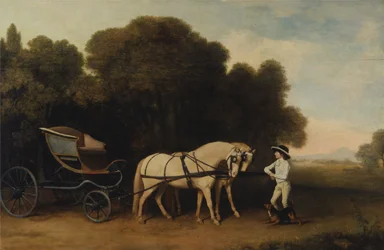 Phaéton avec une paire de poneys crème et un palefrenier