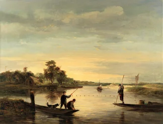 Vue sur les broads avec des hommes pêchant à partir de barques