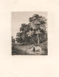 Paysage, homme portant un bâton sur l